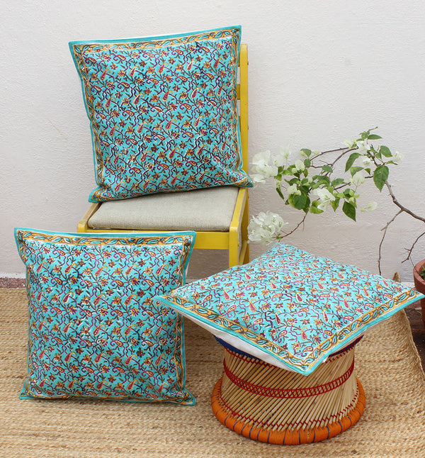 Sea Green Hand Block Printed Cushion Cover (18 inches x 18 inches)