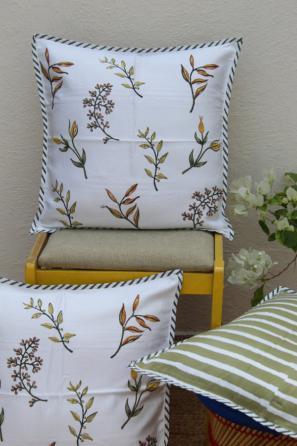 White and Green Hand Block Printed Cushion Cover (18 inches x 18 inches)