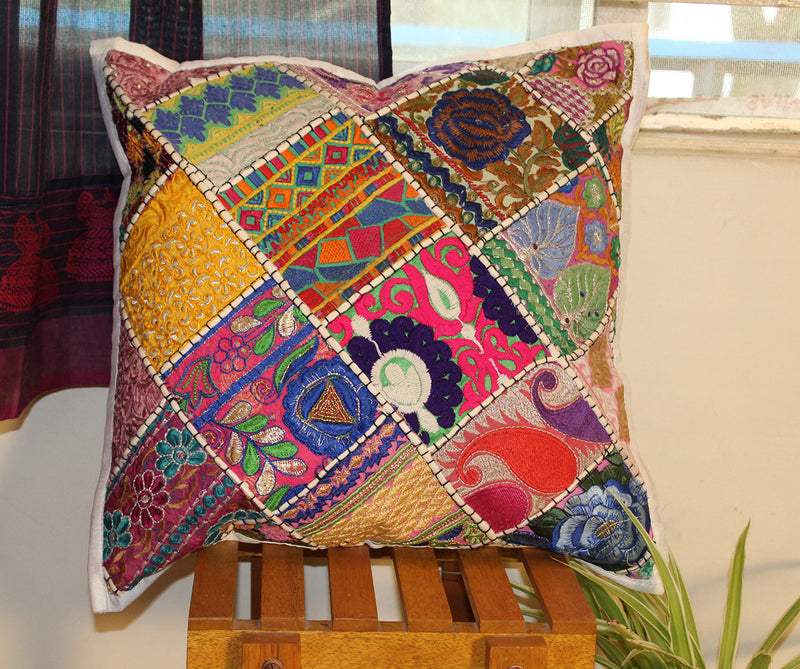 Multicoloured Embroidered Patchwork Cushion Cover
