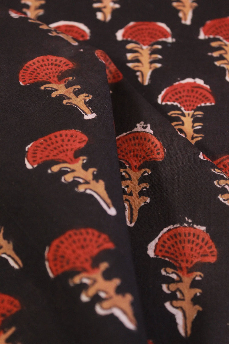 Black Kalamkari Hand Block Printed Cotton Fabric