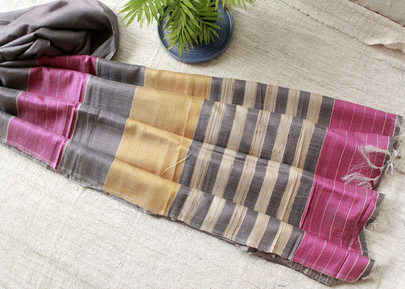 Grey Striped Tussar Silk Handwoven Saree