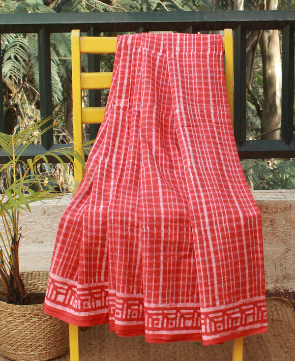 Red Bagru Dabu Hand Block Printed Mul Cotton Saree