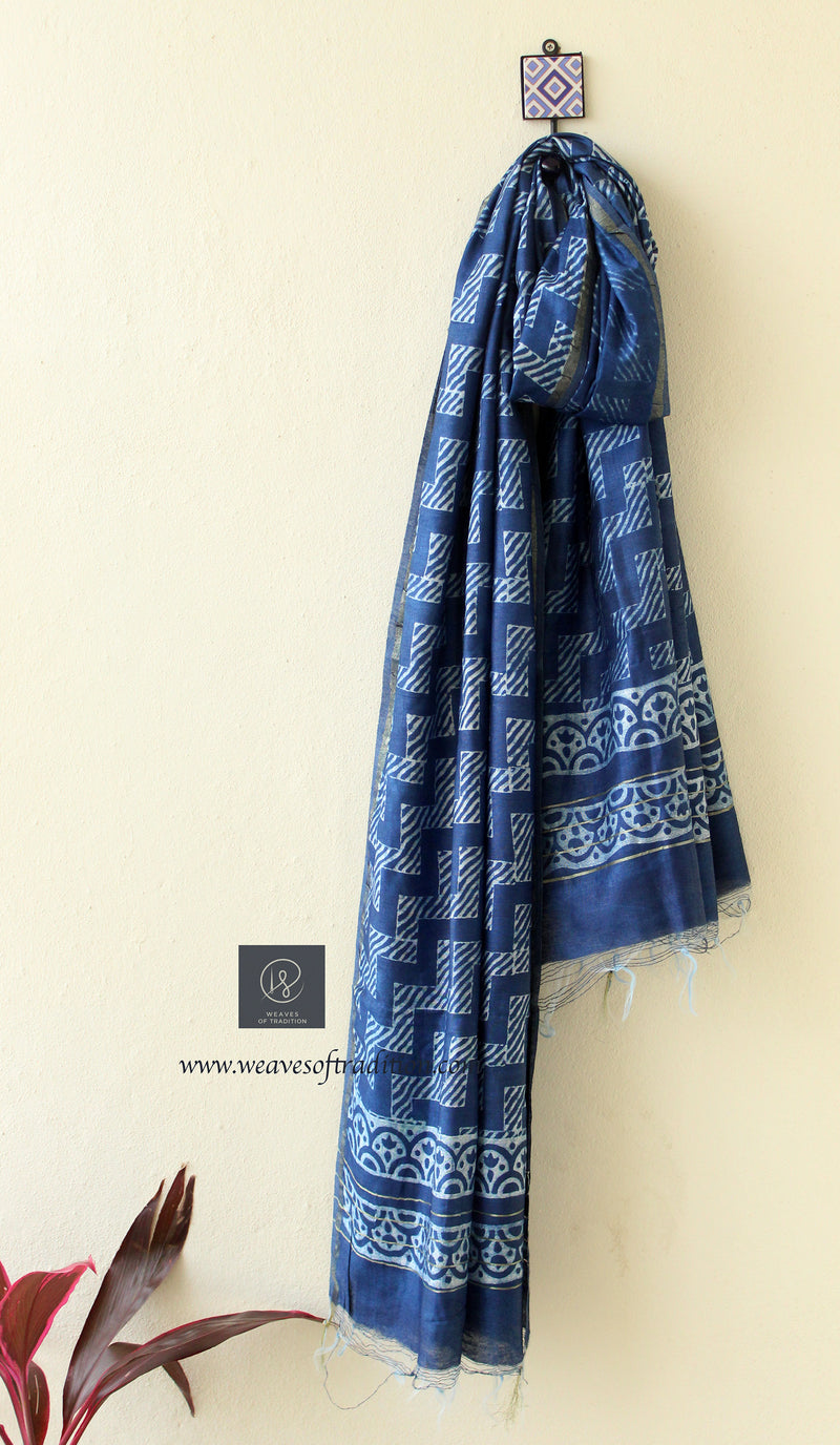 Indigo Dabu Printed Handloom Cotton Silk Dupatta