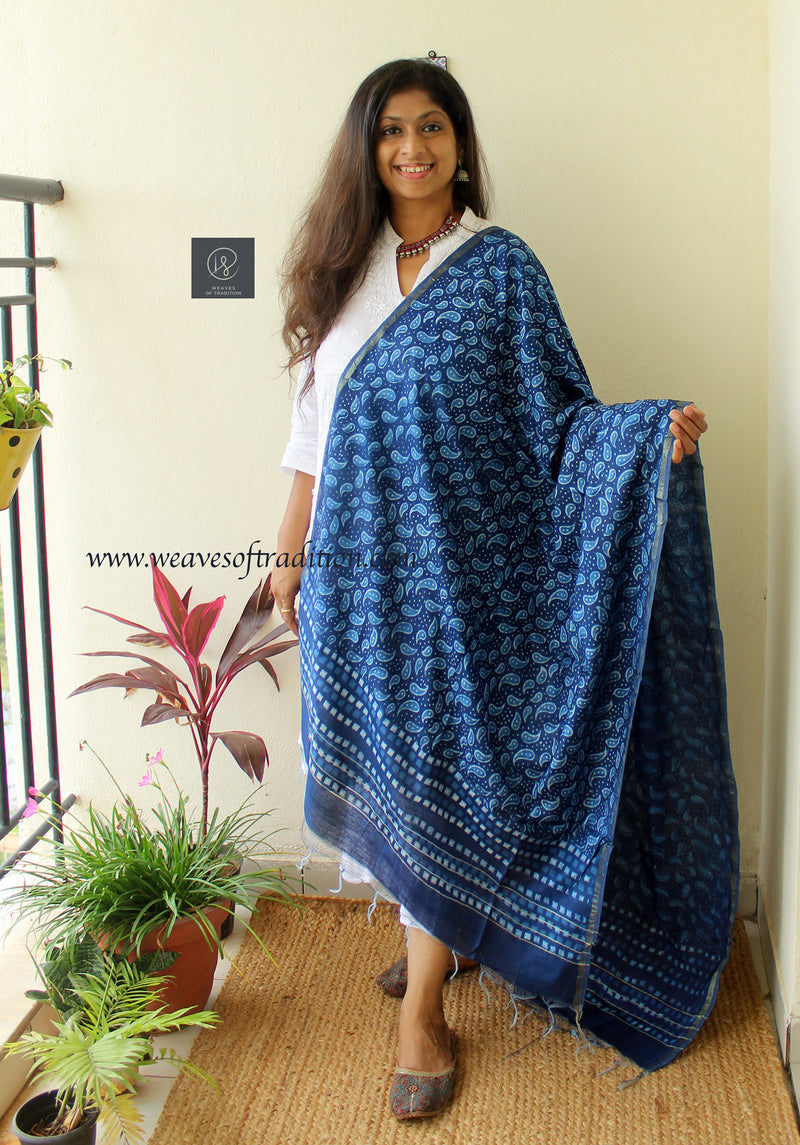 Indigo Dabu Printed Handloom Cotton Silk Dupatta