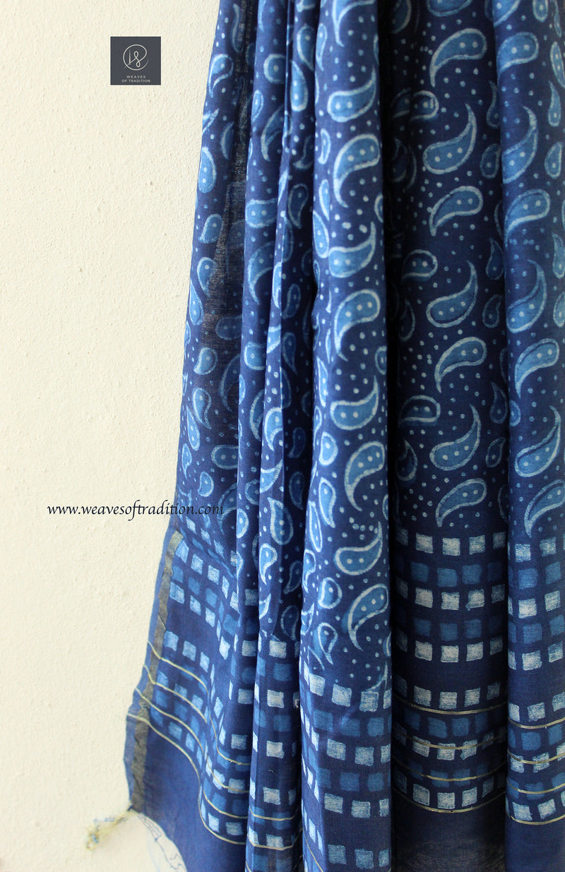 Indigo Dabu Printed Handloom Cotton Silk Dupatta