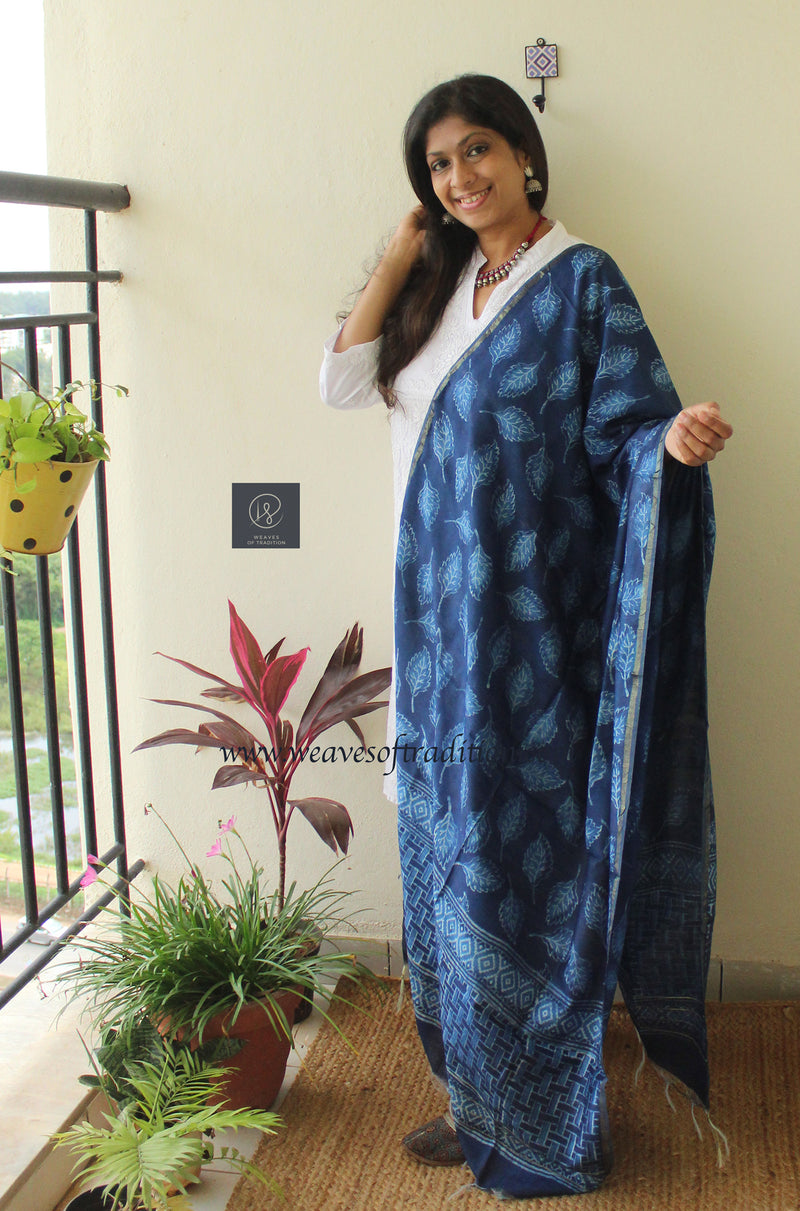 Indigo Dabu Printed Handloom Cotton Silk Dupatta