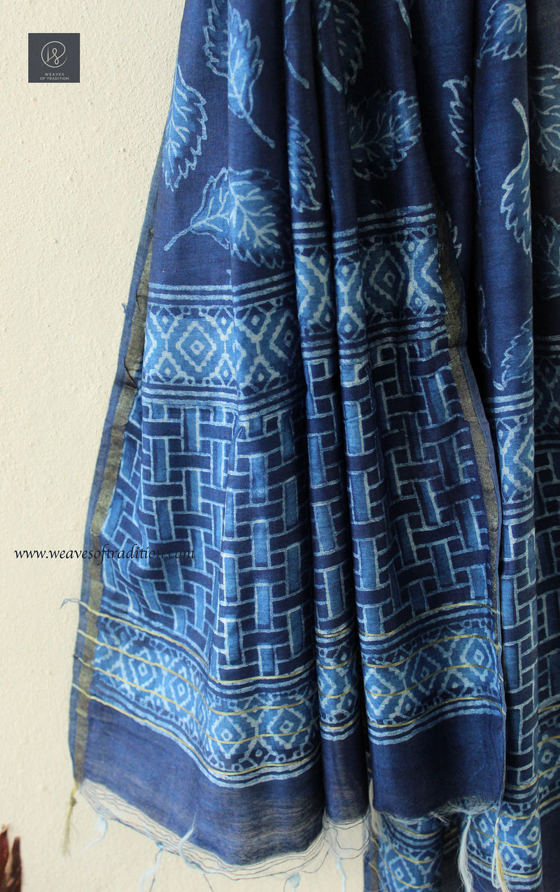 Indigo Dabu Printed Handloom Cotton Silk Dupatta