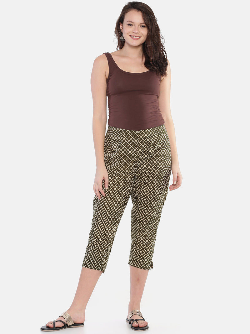 Khaki Naturally Dyed Cotton Hand Block Printed Cropped Cigarette Pants