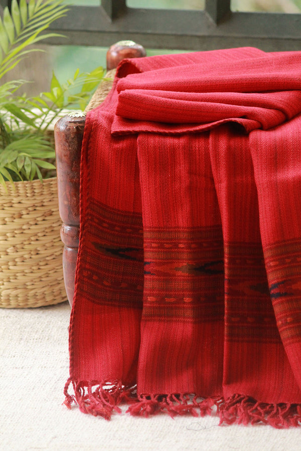 Red Dual Toned Kinnauri Handwoven Pure Wool Shawl