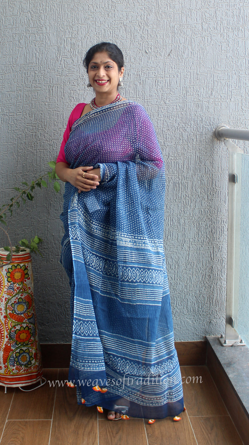 Indigo Kota Doria Bagru Hand Block Printed Saree