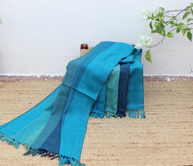 Ocean | Blue multi-toned Striped Handloom Merino Wool Kumaoni Shawl