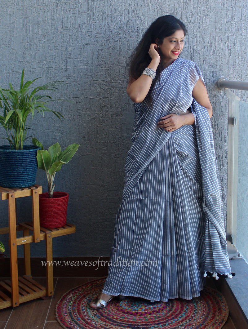 Grey and White Striped Mul Mul Cotton Saree