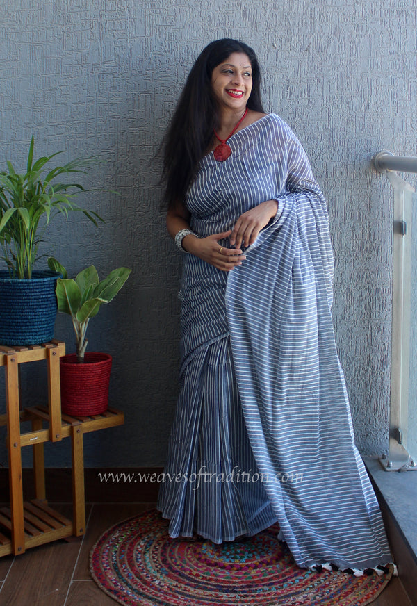 Grey and White Striped Mul Mul Cotton Saree