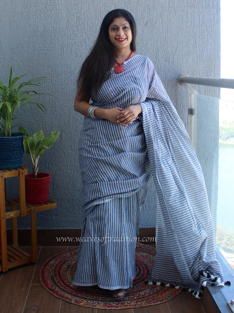 Grey and White Striped Mul Mul Cotton Saree