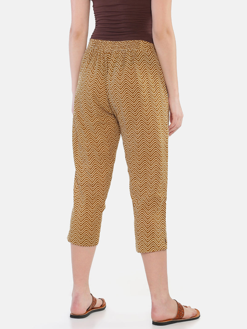 Mustard Naturally Dyed Cotton Chevron Hand Block Printed Cropped Cigarette Pants