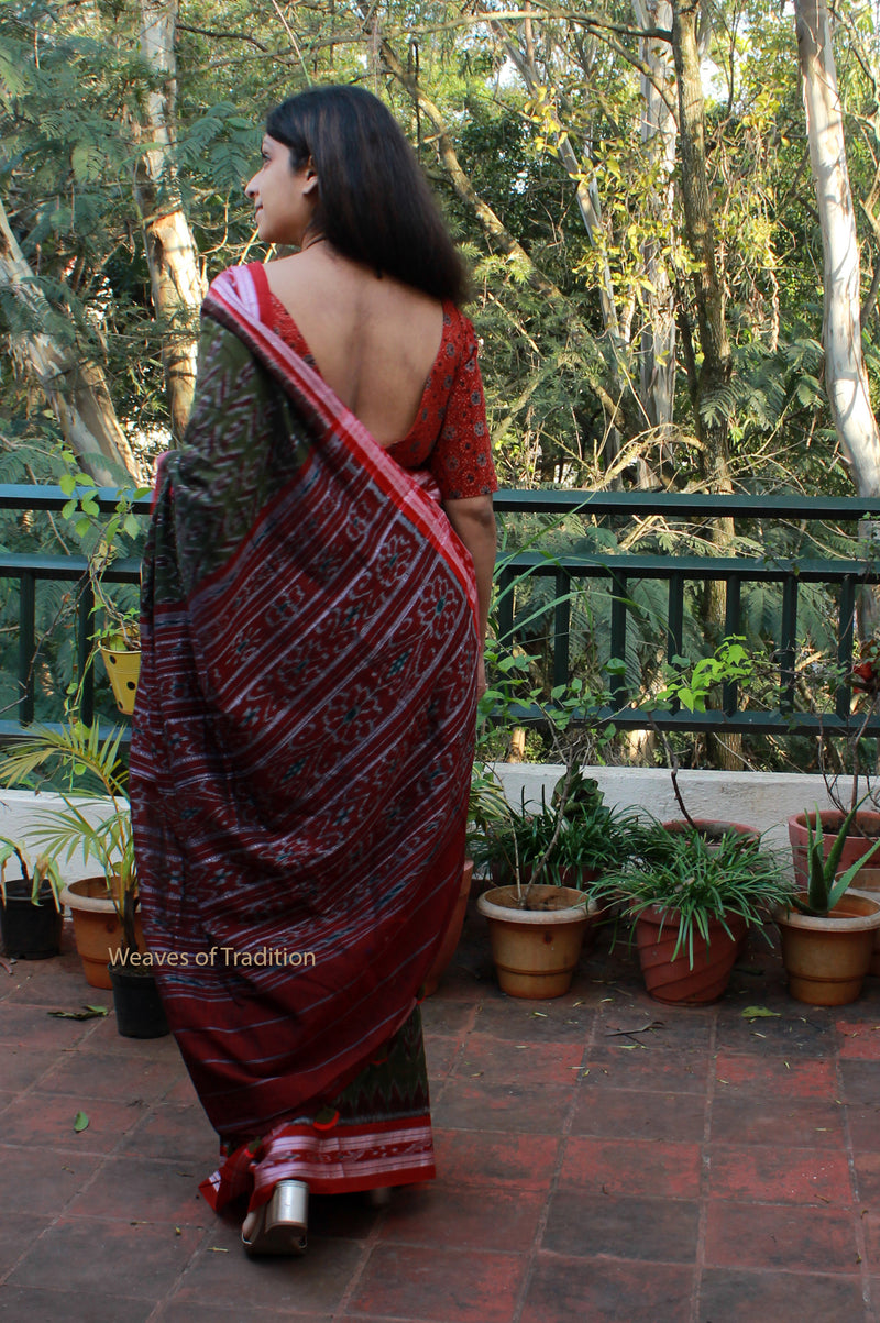 Khaki Sambalpuri Ikkat Handloom Cotton Saree With Blouse Piece