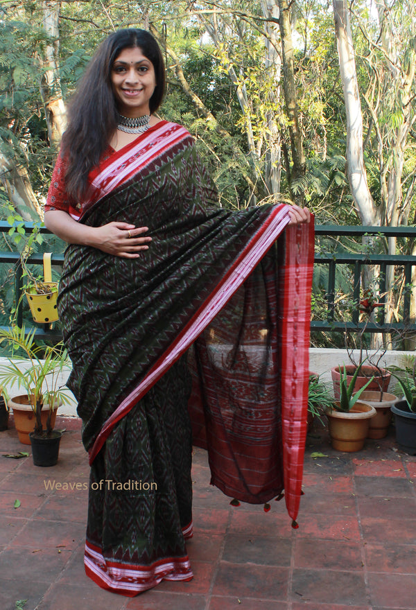 Khaki Sambalpuri Ikkat Handloom Cotton Saree With Blouse Piece