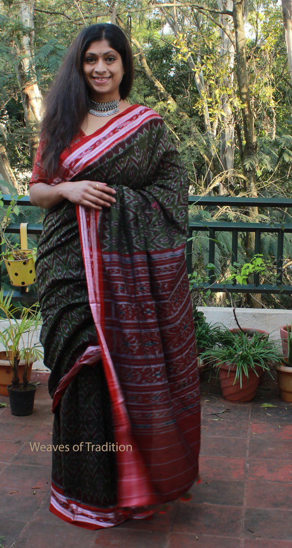 Khaki Sambalpuri Ikkat Handloom Cotton Saree With Blouse Piece