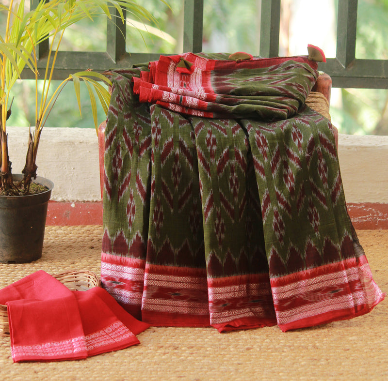 Khaki Sambalpuri Ikkat Handloom Cotton Saree With Blouse Piece