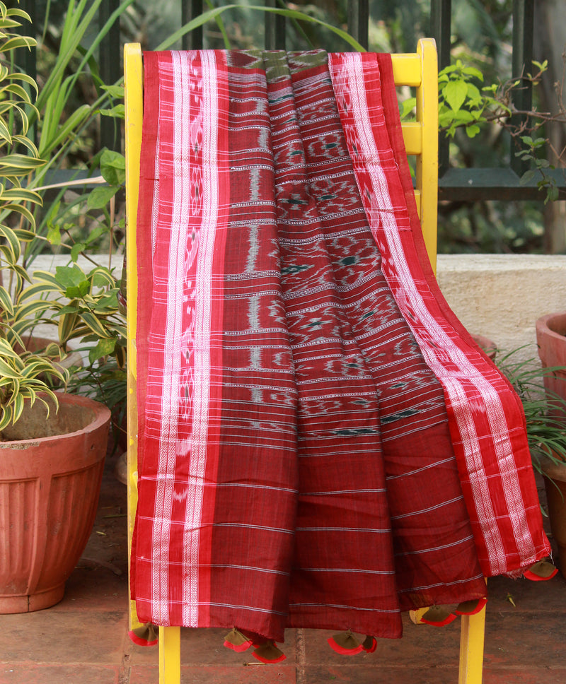 Khaki Sambalpuri Ikkat Handloom Cotton Saree With Blouse Piece