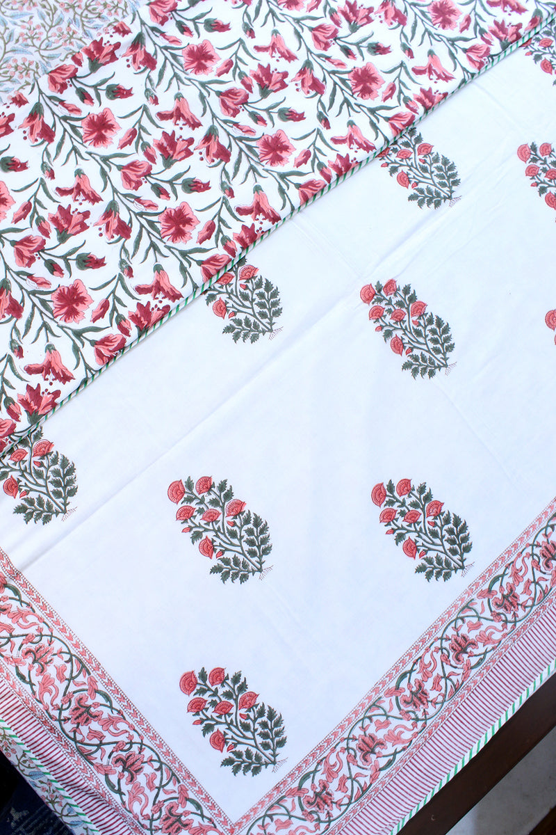 White and Pink Hand Block Printed Mul Mul Cotton Reversible Single Dohar