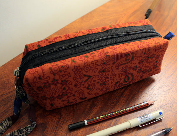 Orange Hand Block Printed Cotton Pen Pouch