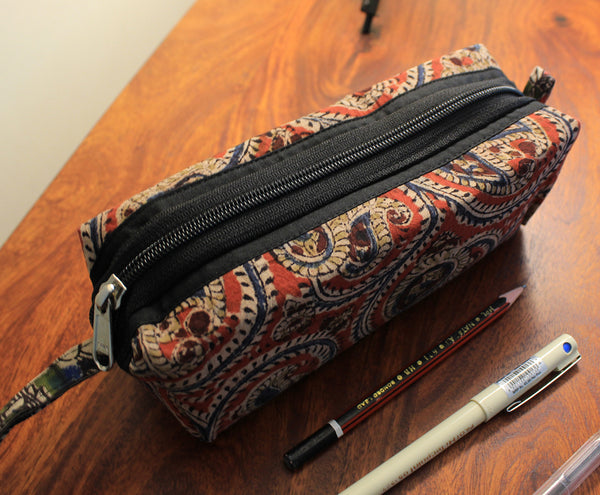 Brown Kalamkari Hand Block Printed Cotton Pen Pouch