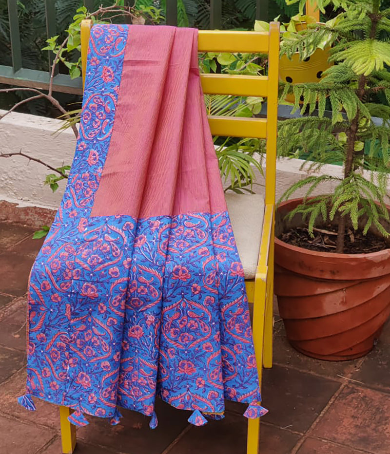 Purple and Orange Dual Toned Mangalgiri Handloom Cotton Patchwork Saree