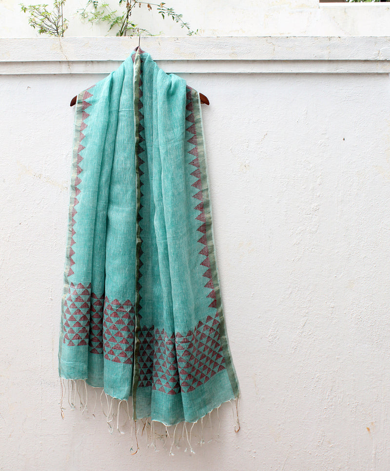 Sea Green and White Dual Toned Handloom Linen Jamdani Dupatta with Zari Border